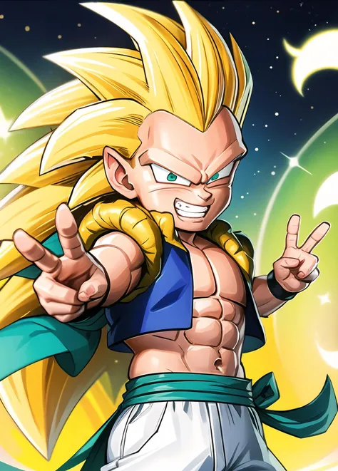 masterpiece, best quality, highest quality, perfect anatomy, perfect face, perfect eyes, defined corneas.
<lora:gotenx_ss3_lora_01:0.7>, gotenxsampler, solo, 1boy, super saiyan, blonde hair, muscular, spiked hair, grin, long hair, abs, very long hair, big hair, no eyebrows, teeth, pectorals,
white pants, white baggy pants, blue vest, black wristband, green sash, aqua eyes, , Kamehameha, open arms, energy around, high energy, chi, super saiyan 3, blue energy ball