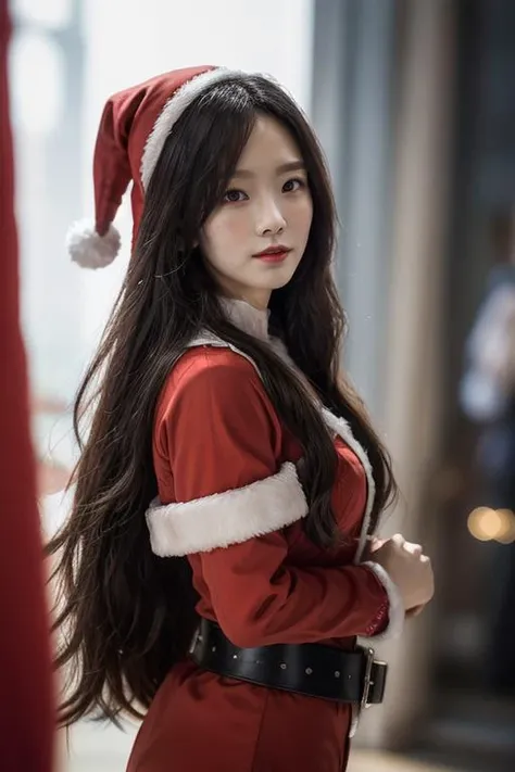 unparalleled 8K UHD professional photograph that stands as a testament to the zenith of artistic vision, set against the backdrop of a spellbinding fantasy realm. At the heart of this realm is a 20-year-old woman, a figure of sublime beauty with cascading soft black hair that glimmers like strands of starlight. Her presence is a harmonious contradiction: while her visage radiates innocence, her amazingly elegantly red santa outfit revealing her true identity as a bona fide real female santa claus. These santa outfit, majestic yet holy, are a perfect embodiment of her dual nature, blending seamlessly with her enchanting allure. Her pale hands, captured in exquisite detail, are not just visually striking but are also imbued with the narrative of her holy heritage, each line and curve a whisper of her ancient holy lineage. The scene is bathed in a resplendent natural light that not only illuminates but also enhances the surreal elements of this otherworldly setting. The light weaves through her hair, dances around face, and casts a noble glow on her clothes, against a backdrop that is vibrant and dreamlike. This composition is a masterful interplay of light and shadow, adding depth and dimension, and rendering every texture so vivid that it feels tangible. This photograph is more than a visual feast; it's an immersive experience. The viewer is not merely observing but is drawn into a world where the line between reality and fantasy blurs, touched by the beauty, mystery, and intrinsic joy of this female santa girl. It's a portrayal that transcends the medium, capturing the essence of their otherworldly existence in a moment frozen in time.