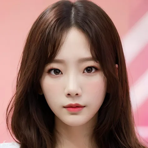 pink background, hyper realistic lifelike texture dramatic lighting unreal engine trending on art station, award winning photo, nikon RAW photo,8 k, Fujifilm XT3,masterpiece, best quality, realistic, photorealistic, ultra detailed, extremely detailed face, solo,1girl, standing, fashionable and trendy atmosphere, high-end makeup products, and a stylish expression on her face, close up, pink t-shirt, closed mouth, closed lips,