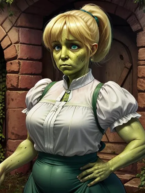 best quality, masterpiece, highres, detailed, realistic, <lora:Detail - add_detail:0.2>, GruntildaCh, green skin, worts, ugly, obese:2, monster girl, stretched clothes, skin tight, sad, game over, upper body, <lyco:Change - GruntildaChange:1.0>, dungeon, <lora:Character - TeresaW:0.4>, blonde hair, aqua eyes, white blouse, TeresaW, ponytail,