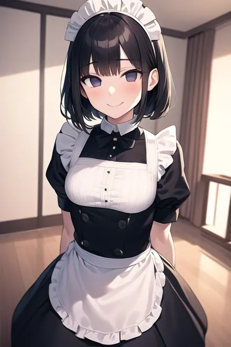 masterpiece, best quality, 1girl, empty eyes, utsurome, maid, smile