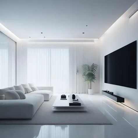 <lyco:Cinematic_Minimalist_interior_design:1.0> minimalistic interior design, Living room, home theater, huge projection screen, white decoration style, bright environment, side view, minimalist style, ultra-realistic, high-definition 4k