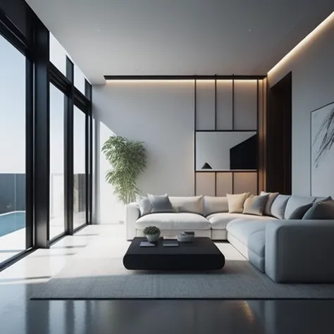<lyco:Cinematic_Minimalist_interior_design:1.0> Imagine a stunning minimalist interior design rendered in a 3D realism style. The scene should have a futuristic theme, with sleek and clean lines, minimal clutter, and a harmonious color palette. Incorporate real-life backgrounds seamlessly into the image to create a sense of depth and realism. Pay attention to lighting, textures, and realistic reflections to enhance the overall aesthetic. Ensure that the aspect ratio of the image is set to 16:9, providing a widescreen format that complements the modern feel, UHD 4K