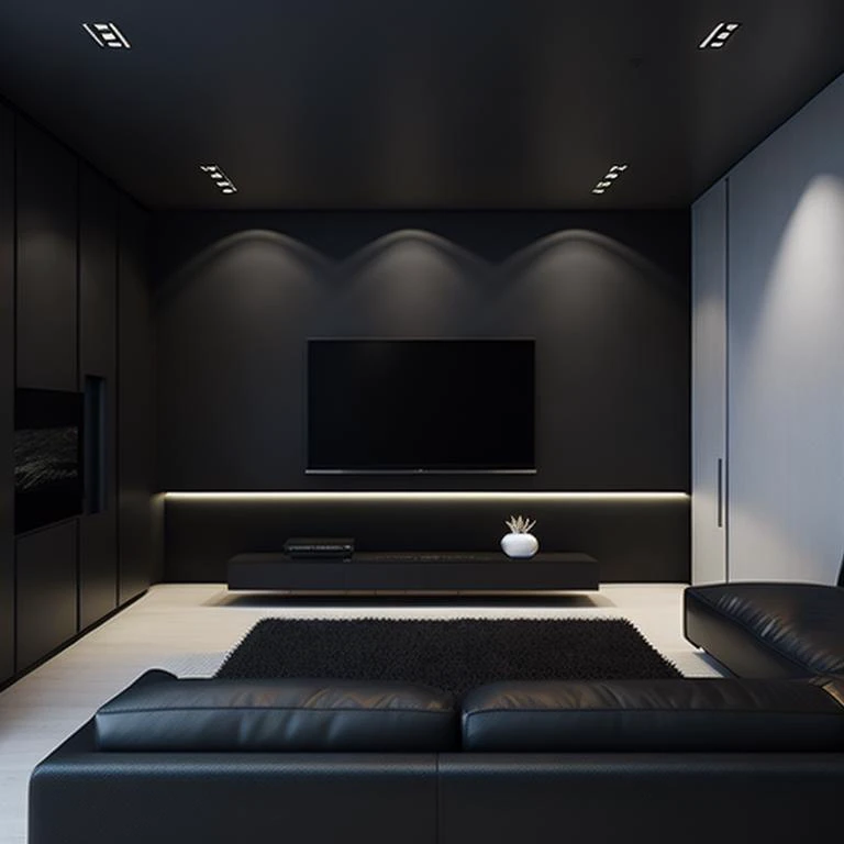 <lyco:Cinematic_Minimalist_interior_design:1.0> Minimalist interior design, simple modern media room with dark color theme, 15 feet by 15 feet, with screen
