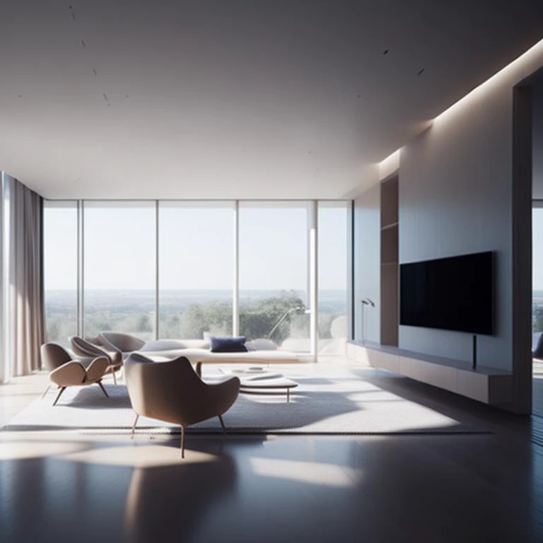 <lyco:Cinematic_Minimalist_interior_design:1.0> the living room of an extremely modern flat, in the style of octane render, ethereal minimalism, 32k uhd, john pawson, spatial concept art, gravity-defying architecture, natural light