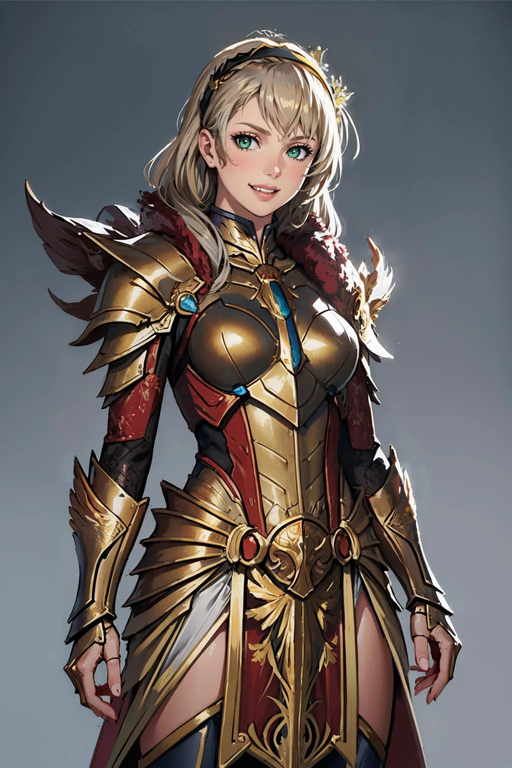 masterpiece, best quality, <lora:edgNadiaGolden:1> edgGolden, dressed in golden armor, golden armor, wearing edgGolden, cowboy shot, looking at viewer, standing, from below, grin, 1girl, grey hair, hairband, green eyes <lora:elie-nvwls-v2-zero:0.3> elie macdowell