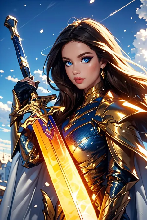bratz, <lora:bratz3-01:0.5>, lips, large breasts, beautiful, makeup, mascara, lip gloss, perfect eyes, long eyelashes, long blonde hair, edgGolden, dressed in golden armor, wearing edgGolden, <lora:edgNadiaGolden:0.8>, (hailoknight, Solo, 1girl, holding giant glowing sword infront of her, holding sword:1.4), (blue sky with clouds background:1.25), <lora:add_detail:0.3>, <lora:hailoknightV2E12:1>, (action shot), masterpiece, best quality, wide-angle, Hyperdetailed, masterpiece, best quality, 8k, shiny, glow, (bloom), natural lighting, soft lighting, sunlight, HDR (High Dynamic Range), Maximum Clarity And Sharpness, Multi-Layered Textures, outside, christmas backdrop, winter town scenery, christmas decorations, snow, daytime
