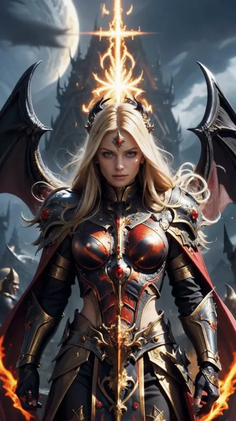 (masterpiece, high quality, best quality:1.3), fantasy style,
woman, blonde hair, blue eyes, red,
edgGolden, dressed in golden armor, cowboy shot, ornate armor,
(evil, diabolic, devil, demon, power, magic, goddess, divine, aura, mystic, radiant:1.5), divine background,
extremely detailed, extremely intricate, fine texture, Extremely high-resolution details, detailed hair, sharp focus, (Epic scenery:1.05), (beautiful scenery:1.05), (detailed scenery:1.05), (intricate scenery:1.05), (wonderful scenery:1.05), vibrant colors, hdr,
<lora:edgNadiaGolden:0.8>