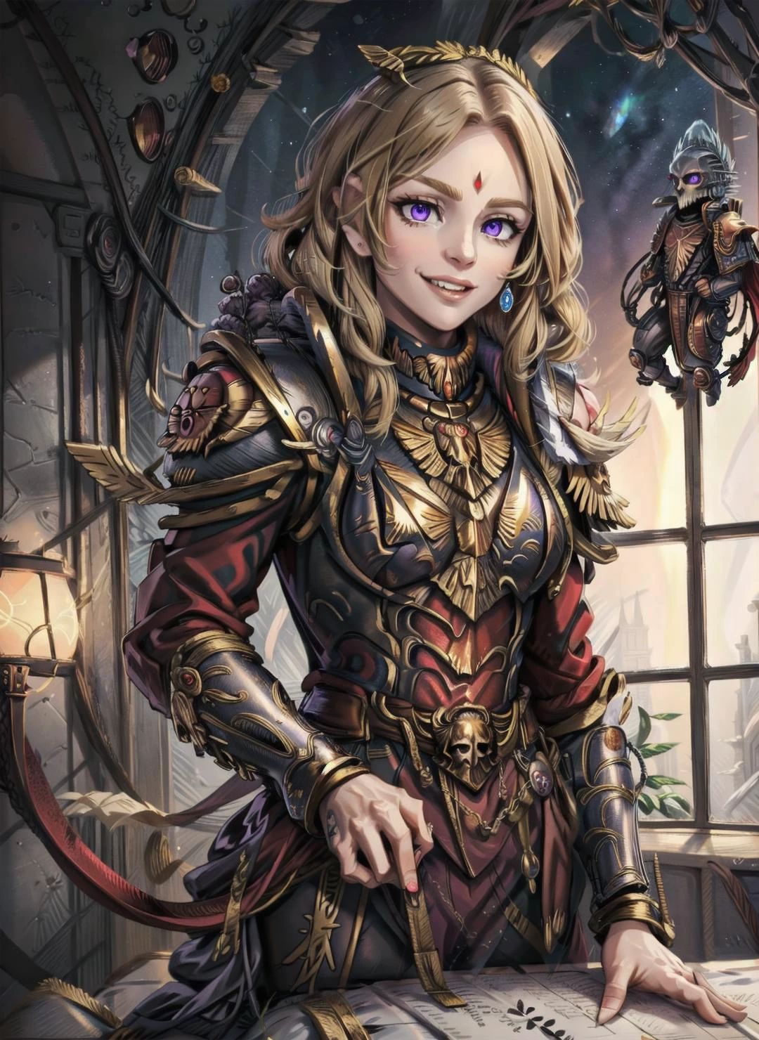 <lora:Rogue Traders MK1 by CARAXES:0.8> rogue trader, BREAK, 1girl, (gold blonde hair:1.15), (curly hair:1.15), (glowing eyes:0.75), purple eyes, (grin, smirk:1.15), (jewelry, tiara, gemstone, diamonds, rubys, sapphire:1.15), medium breasts, BREAK, <lora:edgWar40kCommissarv1:0.25> edgCommissar, millitary uniform, skull emblem, (imperial aquila:1.15), wearing edgCommissar, BREAK, <lora:edgNadiaGolden:0.5> edgGolden, dressed in golden armor, wearing edgGolden, BREAK, <lora:Cherub & Servitor - 40K:0.25> cherub, angel, skull, warhammer 40k, BREAK, scepter, <lora:more_details:0.25>, masterpiece, best quality, extremely detailed, highly quality, 4k, sharp focus, professional, sharp focus, award winning, cinematic lighting, octane render, unreal engine, volumetrics dtx, Wallpaper,