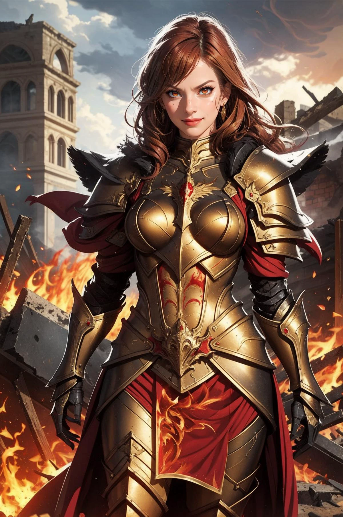 (masterpiece, best quality), intricate details, mature female, MILF, warrior, (evil smile:1.2, flames, fire), medieval, standing, large breasts, cowboy shot, straight-on, smoke, on top of burned down building, depth of field, <lora:edgNadiaGolden:0.8> edgGolden, dressed in golden armor, wearing edgGolden, red hair, red bright eyes, fierce, embers, looking at viewer, high contrast, ruins, blood stained armour