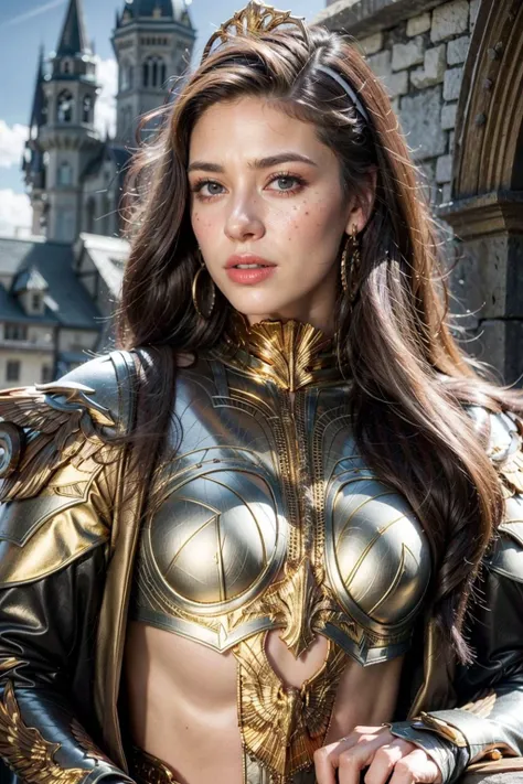 (realistic:1.3), finely detailed, quality, rembrandt lighting, (masterpiece:1.2), (photorealistic:1.2), (best quality), (detailed skin:1.3), (intricate details), dramatic, ray tracing, 1girl, french girl, 21 years old, detailed skin texture, (blush:0.5), (goosebumps:0.5), subsurface scattering, smiling, medium breasts, long hair, blonde hair, bangs, hair between eyes, edgGolden, (tiara:1.2), a woman dressed in golden armor, wearing edgGolden, cowboy shot, (bright sunny day, outdoors, medieval castle far away, gentle grassy hills, sky), <lora:edgNadiaGolden:1>