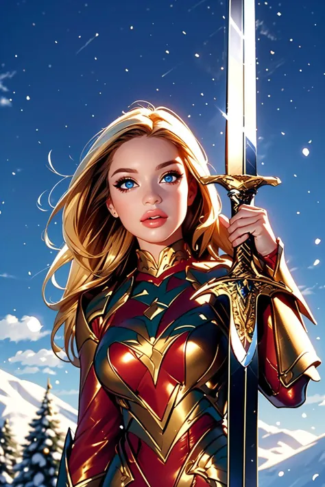 bratz, <lora:bratz3-01:0.5>, lips, large breasts, beautiful, makeup, mascara, lip gloss, perfect eyes, long eyelashes, long blonde hair, edgGolden, dressed in golden armor, wearing edgGolden, <lora:edgNadiaGolden:0.8>, (hailoknight, Solo, 1girl, holding giant glowing sword infront of her, holding sword:1.4), (blue sky with clouds background:1.25), <lora:add_detail:0.3>, <lora:hailoknightV2E12:1>, (action shot), masterpiece, best quality, wide-angle, Hyperdetailed, masterpiece, best quality, 8k, shiny, glow, (bloom), natural lighting, soft lighting, sunlight, HDR (High Dynamic Range), Maximum Clarity And Sharpness, Multi-Layered Textures, outside, christmas backdrop, winter town scenery, christmas decorations, snow, daytime