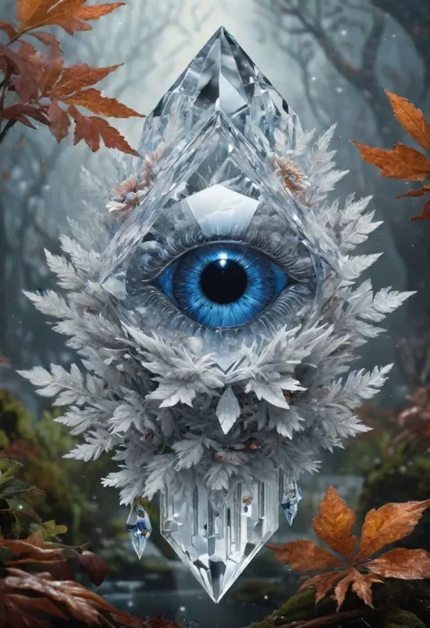dreamlikeart levitating ice crystal of quartz, diamond, misty, (((multiple eyes))), chromatic aberration, insane details, intricate details, hyperdetailed, fluffy, realistic, photo, canon, dreamlike, art, colorfull leaves and branches with flowers on top of its head. hyperdetailed photorealism by greg rutkowski