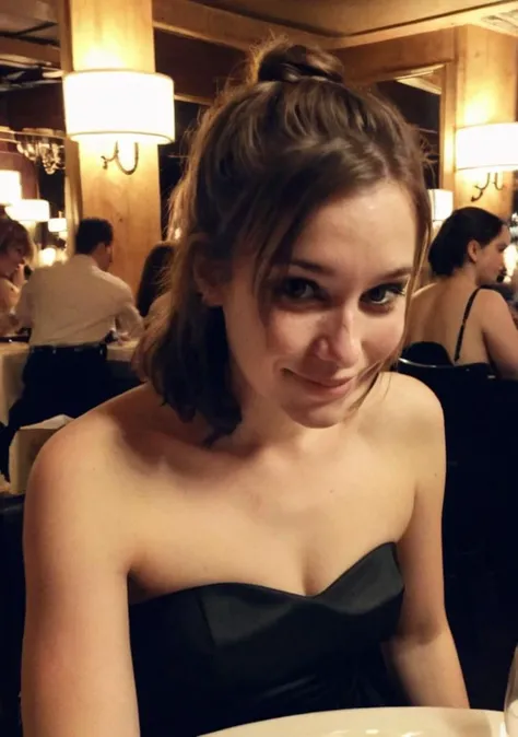 ((wide angle)), woman at table ,soft smile
thing strapless dress, 
dark low lit , clutter,  
Stacy,
(elegant dark moody restaurant, )
crowded, 
((dimly lit, low lit, deep focus, snapchat))
 <lora:BadQualityOP_SDXL_v01:1>
bad quality , grainy jpg , blurred, motionblur, ugly,