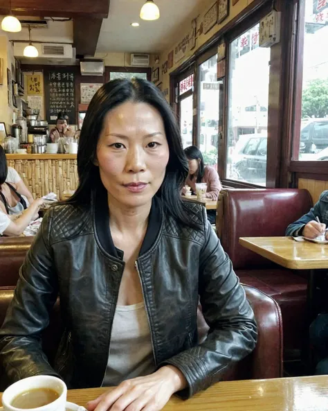 deep focus:4, crisp focus, digital sharpening, jpg, grainy snapchat still, instagram post, blurry, motionblur, flat light , haze, blur , out of focus, slow shutter, high ISO
video still, medium shot
lucy liu,
cute, leather jacket
busy chinese cafe, natural light
<lora:badquality_v02:1>,