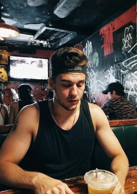 <lora:badquality_v02:1>, low quality, bad quality, guy sitting in restaurant,
deep focus, crisp focus, sharpening, jpg, grainy snapchat still, social media instagram post,
blemishes, sweaty, tank top, punk, long hair,
booth seating, dark busy college bar, graffiti,
((blurry, motionblur, flat , slow shutter, high ISO:1.5))
topless