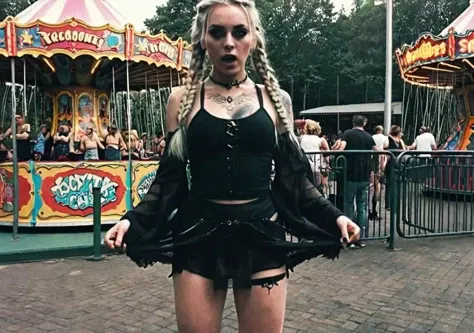 <lora:badquality_v02:1>,vacation digital video still,
((deep focus, crisp focus, digital sharpening:2, jpg, grainy snapchat still, instagram post, blurry, motionblur, flat light , haze, blur , out of focus, slow shutter, high ISO))
cute goth punk girl, very long flowing blonde hair braids, tattoos, torn clothing, piercings,
in busy colorful fairground retro theme park, daylight,
surrounded by men. low natural light
exposed pussy, pubic hair, bottomless, dark, dim, ((silhouette:1.4)), ((action pose:1.5)), poor flat light, bad light,
after rain, low angle,