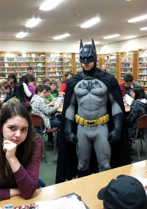 amateur photography,
<lora:badquality_v02:1.2>, low quality, bad quality,
embarrassed batman in busy crowded library
surrounded by people, men and women