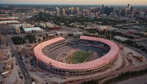 aerial view of a stadium under construction, downtown, magic hour, <lora:badquality_v02:1> bad quality