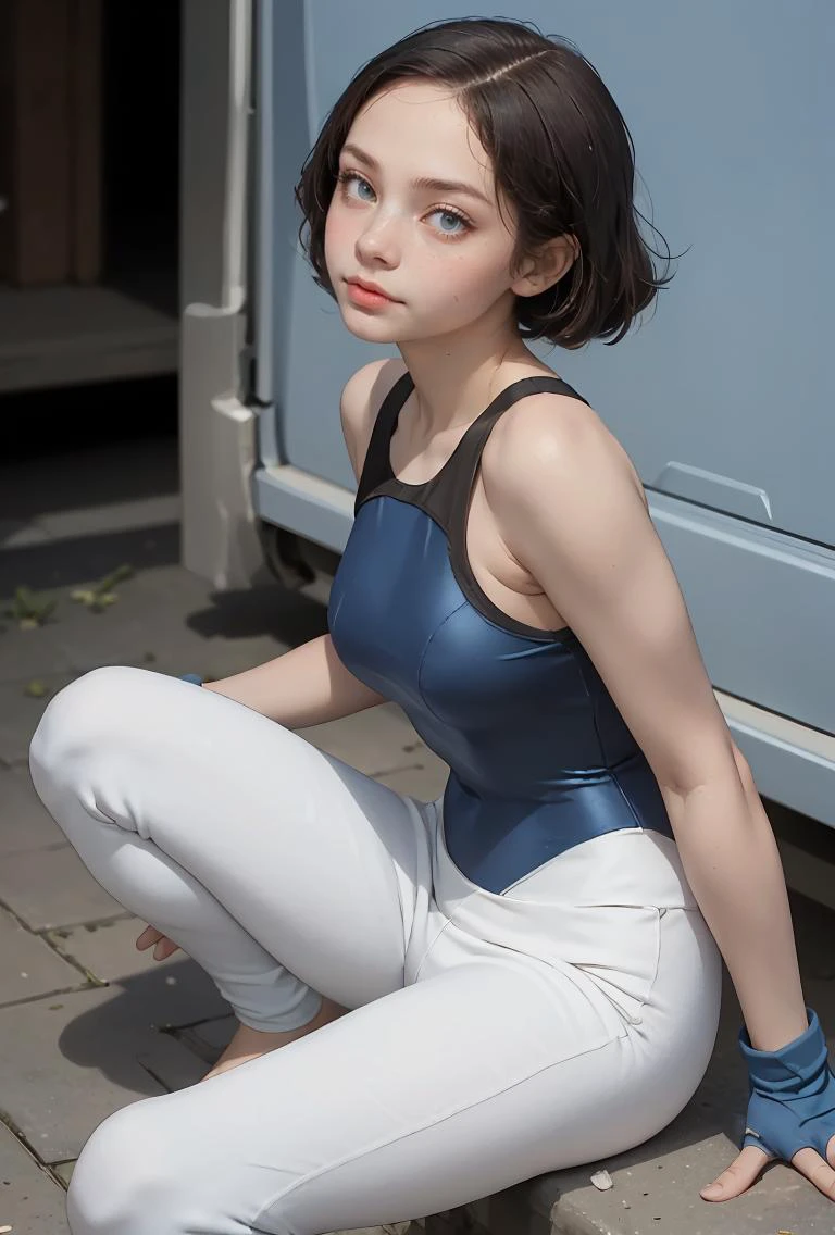 (masterpiece, best quality), 1girl, Medium brown Slicked-Back Undercut with Side Part, big breasts, <lora:maylene_outfit:0.8> maylene_outfit, leotard, blue leotard, bodysuit, blue bodysuit, pants, white pants, sweatpants, barefoot, feet, bandaid, bandaid on face, blue gloves, fingerless gloves