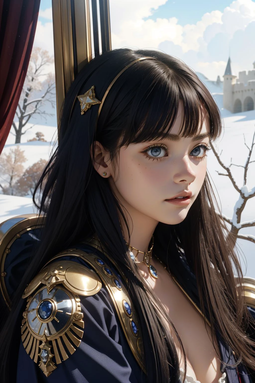 1girl, fantasy Jewelry of a hyper detailed, Pressured Cloudy deep indigo ("Crimean War":1.3) , fantasy, ethereal, cheetah print aura from inside of a Intense Fort, dark red foliage with White oak, Snowing, Panorama, Visual novel, Evil, (copper theme:0.7) , Witchcore, Indirect light, 80mm, complementary colors, dreamy magical atmosphere, Decals, lots of details, trending on CGSociety