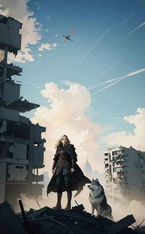 (style of [Cathleen McAllister|Ilya Kuvshinov|Loish|Daniela Uhlig|Ross Tran]:1.5), dynamic pose,  A post-apocalyptic warrior woman stands atop a ruined skyscraper, gazing at the horizon, her cloak billowing, with a robotic wolf companion at her side.