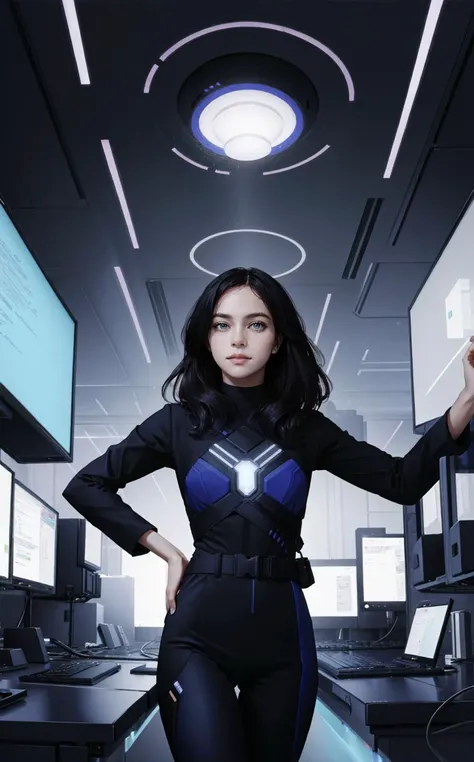 (style of [Cathleen McAllister|Ilya Kuvshinov|Loish|Daniela Uhlig|Ross Tran]:1.5), dynamic pose,  A woman, a pioneering AI developer, stands in her lab, surrounded by screens displaying code and digital consciousness, reflecting the dawn of sentient machines.