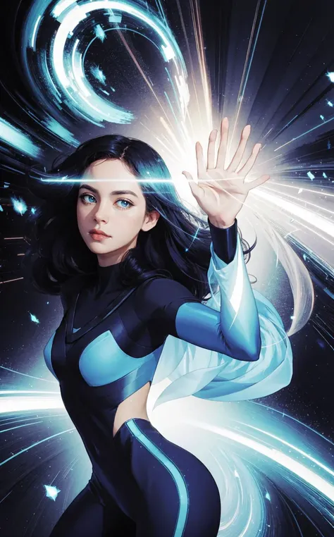 (style of [Cathleen McAllister|Ilya Kuvshinov|Loish|Daniela Uhlig|Ross Tran]:1.5), dynamic pose,  A mystical woman communicates telepathically with an advanced AI entity, their minds merging in a visual dance of light and energy, symbolizing unity.