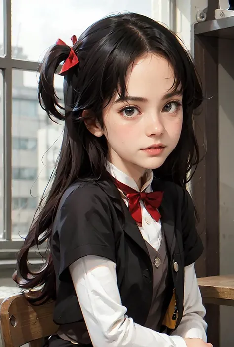 (masterpiece, best quality), 1girl,  <lora:yashajin_ai:0.8> yashajin ai,long hair,multicolored hair,one side up,parted bangs,sidelocks,hair bow,jacket,black jacket,open jacket,red bowtie,vest,brown vest,shirt,white shirt,short sleeves,short over long sleeves,skirt,black skirt,pantyhose,brown pantyhose,argyle legwear,shoes,black footwear