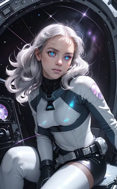 (style of [Cathleen McAllister|Ilya Kuvshinov]:1.4), dynamic pose,  (beautiful busty skinny british woman sitting in spaceship cockpit looking over shoulder at viewer:1.2), (cute face, over the shoulder:1.1), (movie still:1.1), side view, (spaceship cockpit:1.1), glowing holographic instruments, (beautiful face:1.11), from behind, smart fabric flightsuit:1.1, lightweight structured jacket with sharp geometric lines, utility belt, kneehigh boots, fingerless gloves, (large spaceship cockpit with highly polished flooring and stellar view), backlit hair, perfect face, feminine physique, (pale freckles:0.6), (black and silver accents), perfect eyes, low key, joystick++, thin pouting lips, (white++ bob hair, ombre tips:1.2), wide set soft+ turquoise++ eyes, skin pores, (small retrousse nose:1.2), (pale skin), supernova, dramatic angle, eyelid shimmer makeup, silver eyeshadow, iridescent cheekbones, muted rose lips, deep space blue, (available light:0.7), BREAK, starlight silver, nebula pink, black hole black, planetary rings, asteroid clusters, geometric shapes, angular contours, Holographic control panels, chiaroscuro effects, reflective surfaces, starfilled skies, distant galaxies, shimmering surfaces, iridescent scifi materials, clean lines, modernistic details