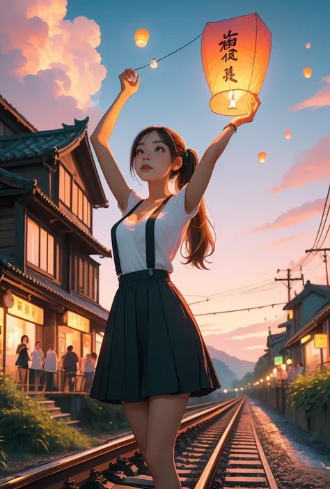 (masterpiece, best quality), 1girl,   Tangerine Twisted Side Ponytail with Hair Cuff, big breasts,     <lora:girllikecolorfulskylantern:0.8> colorful sky lantern with chinese word, hands close to fire, railway bridge, raise head, arms up, suspender skirt, tourists, twilight, river, mount, greenery, low house