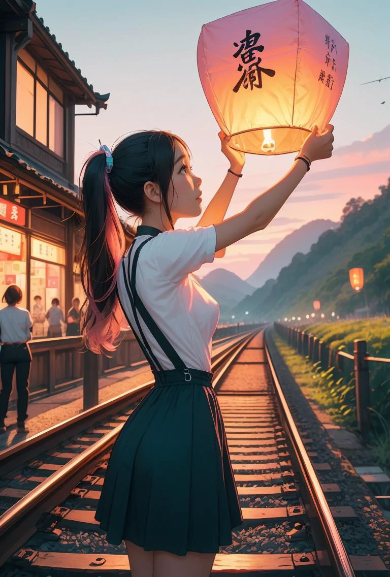(masterpiece, best quality), 1girl, Pastel Pink Twisted Side Ponytail, Size E breasts, <lora:girllikecolorfulskylantern:0.8> colorful sky lantern with chinese word, hands close to fire, railway bridge, raise head, arms up, suspender skirt, tourists, twilight, river, mount, greenery, low house