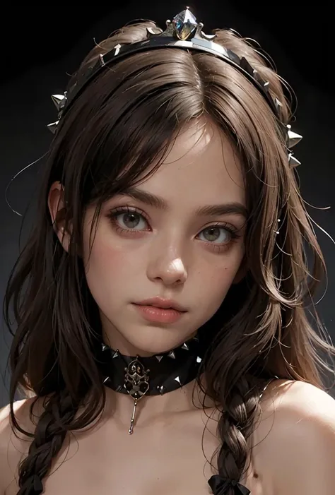 (masterpiece, best quality), 1girl,   Bronzy Brown Twisted Crown with Crystal Headband, Sizes I to L breasts,   <lora:edgChokersv2:0.8> edgChoker, 1girl, solo, close-up, wearing edgChoker, spikes,