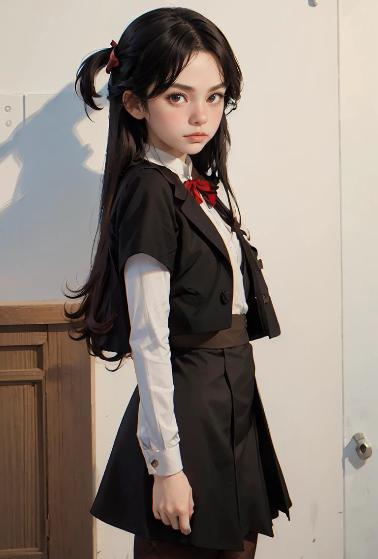 (masterpiece, best quality), 1girl, <lora:yashajin_ai:0.8> yashajin ai,long hair,multicolored hair,one side up,parted bangs,sidelocks,hair bow,jacket,black jacket,open jacket,red bowtie,vest,brown vest,shirt,white shirt,short sleeves,short over long sleeves,skirt,black skirt,pantyhose,brown pantyhose,argyle legwear,shoes,black footwear