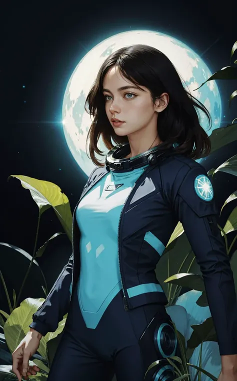 (style of [Cathleen McAllister|Ilya Kuvshinov|Loish|Daniela Uhlig|Ross Tran]:1.5), dynamic pose,  A woman astronaut explores a lush alien planet, surrounded by bioluminescent flora and floating rivers, her suit blending with the environment's vibrant hues.