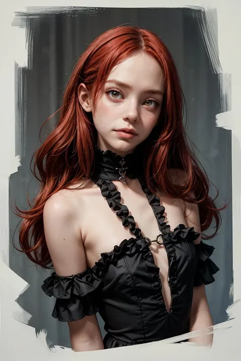 (masterpiece, best quality), 1girl, red hair, medium chest, gothic frill dress, pervert face, <lora:add_detail:1>