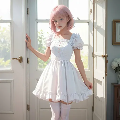 ((masterpiece,best quality, detailed)), 1girl, blue and white frill dress, (white stockings), pink hair, cute face, standing, indoor, intricate detail, sunlight,