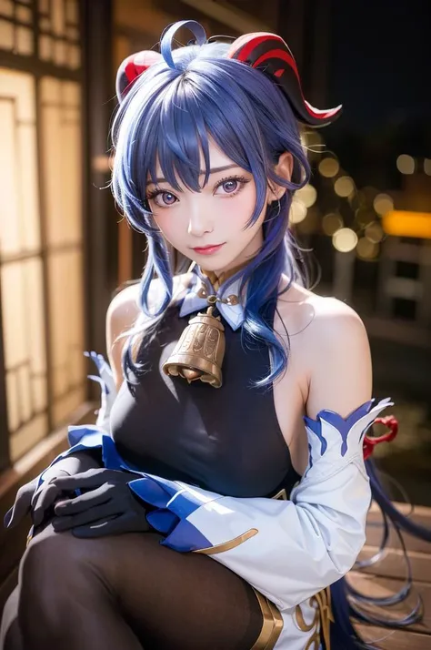 masterpiece, best quality, high quality, highres, ultra detailed, high detailed,
(realistic:1.3), (photorealistic:1.3), RAW photo, detailed face, detailed skin,
1girl, solo, bare shoulders, black gloves, black pantyhose, (blue hair:1.2), chinese knot, detached sleeves, flower knot, horns, long hair, neck bell, purple eyes, sidelocks, tassel, white sleeves, full body, floating hair, sideboob, chinese lantern, night,
<lora:ganyuGenshinImpact_offset:0.8>, ganyu \(genshin impact\),