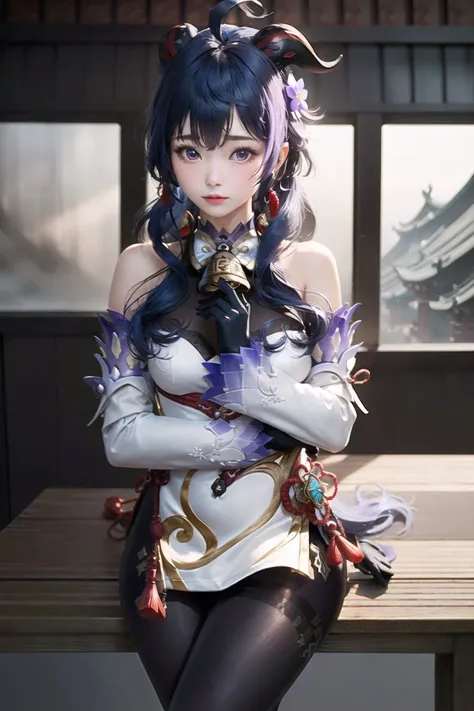 masterpiece, (photorealistic:1.5), best quality, beautiful lighting, real life, ganyu \(genshin impact\), 1girl, ahoge, architecture, bangs, schoolgirl uniform, bare shoulders, bell, black gloves, black pantyhose, (blue hair), blush, breasts, chinese knot, detached sleeves, east asian architecture, flower knot, gloves, horns, long hair, looking at viewer, small breasts, neck bell, night, outdoors, pantyhose, purple eyes, sidelocks, solo, tassel, white sleeves, intricate, high detail, sharp focus, dramatic, beautiful girl , (RAW photo, 8k uhd, film grain), caustics, subsurface scattering, reflections