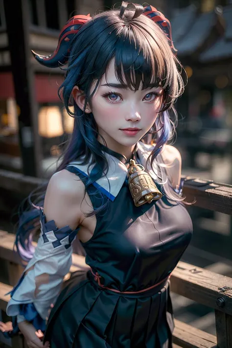 masterpiece, (photorealistic:1.5), best quality, beautiful lighting, real life, ganyu \(genshin impact\), 1girl, ahoge, architecture, bangs, schoolgirl uniform, bare shoulders, bell, black gloves, black pantyhose, (blue hair), blush, breasts, chinese knot, detached sleeves, east asian architecture, flower knot, gloves, horns, long hair, looking at viewer, small breasts, neck bell, night, outdoors, pantyhose, purple eyes, sidelocks, solo, tassel, white sleeves, intricate, high detail, sharp focus, dramatic, beautiful girl , (RAW photo, 8k uhd, film grain), caustics, subsurface scattering, reflections <lora:japaneseDollLikeness_v10:0.50> <lora:ganyuGenshinImpact_offset:1>