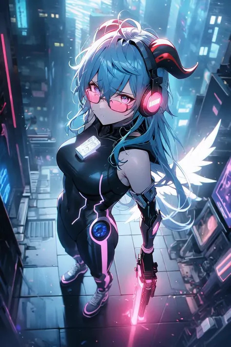 1girl, solo, city lights, (cyberpunk, cyberpunk style), from above,
<lora:ganyu_ned2_offset:0.7>, ganyu \(genshin impact\), blue hair, horns, long hair, bangs, headphones, breasts,
sunglasses, black_sunglasses, covering eyes, hoodie,
gun, weapon, holding gun, plasma sword,
cyborg, mechanical_bodysuit, bodysuit, science fiction,
mechanical arms, single mechanical wings, broken wing,
mechanical parts, mechanical_suit, mechanical, white breastplate, armor, shoulder pads,
looking at viewer, staring, <lyco:glaringV_Conv2D:0.5>, glaring, angry,
photorealistic, cyberpunk city, (night, night city, dark), cyberpunk lights, streets, (neon lights, pink_lights, neon lights in background:1.3),, weird atmosphere, (best quality:1.1), (masterpiece:1.2), high quality shadow, beautiful detailed, (high detailed skin, skin details), (wide_landscape, 8k), beautiful face, detailed eyes, depth of field, dramatic light, best quality, highres, best shadow, best illumination,