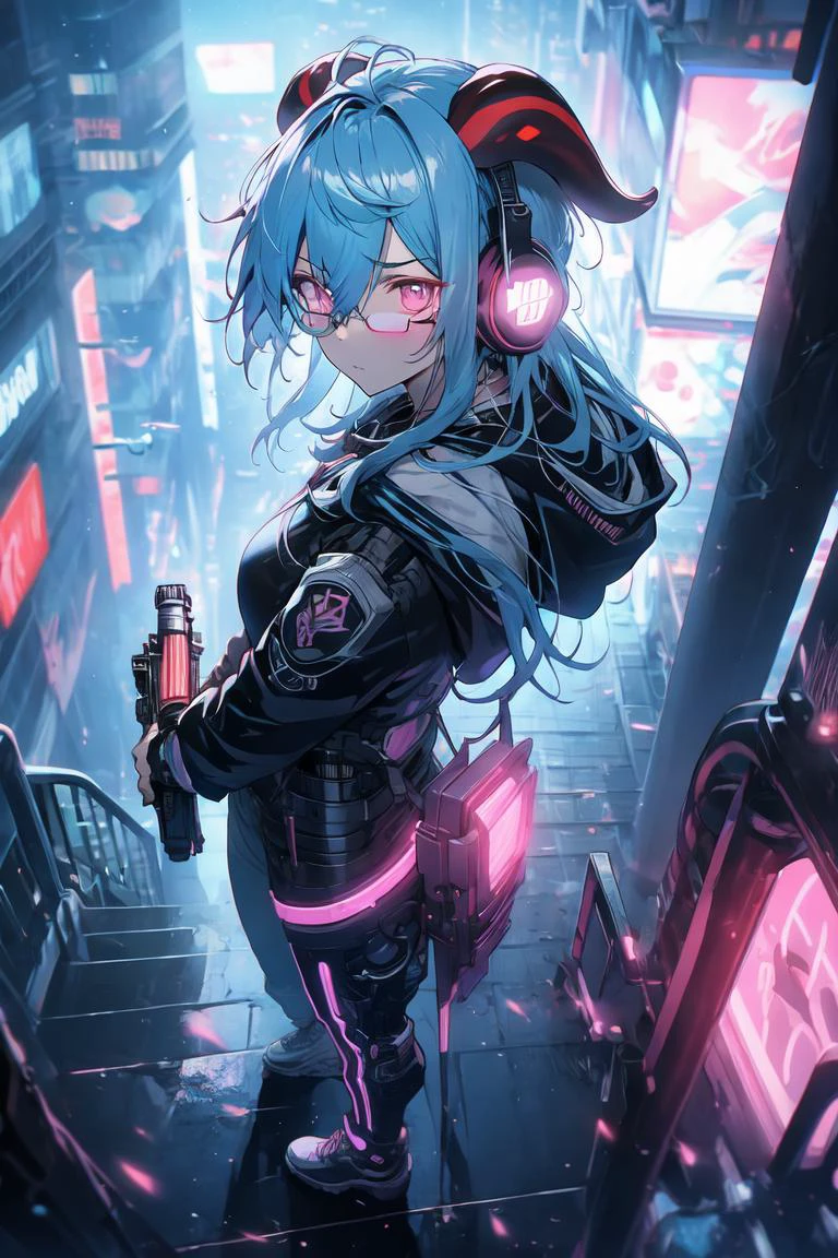 1girl, solo, city lights, (cyberpunk, cyberpunk style), from above,
<lora:ganyu_ned2_offset:0.7>, ganyu \(genshin impact\), blue hair, horns, long hair, bangs, headphones, breasts,
sunglasses, black_sunglasses, covering eyes, hoodie,
gun, weapon, holding gun, plasma sword,
cyborg, mechanical_bodysuit, bodysuit, science fiction,
mechanical arms, single mechanical wings, broken wing,
mechanical parts, mechanical_suit, mechanical, white breastplate, armor, shoulder pads,
looking at viewer, staring, <lyco:glaringV_Conv2D:0.5>, glaring, angry,
photorealistic, cyberpunk city, (night, night city, dark), cyberpunk lights, streets, (neon lights, pink_lights, neon lights in background:1.3),, weird atmosphere, (best quality:1.1), (masterpiece:1.2), high quality shadow, beautiful detailed, (high detailed skin, skin details), (wide_landscape, 8k), beautiful face, detailed eyes, depth of field, dramatic light, best quality, highres, best shadow, best illumination,