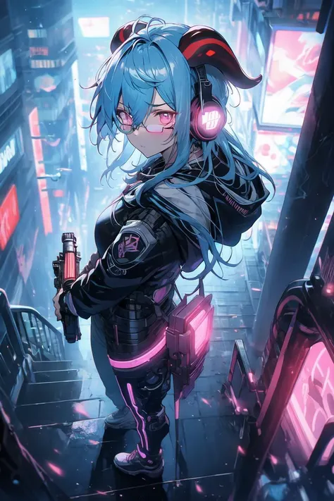 1girl,  solo,  city lights, (cyberpunk, cyberpunk style), from above, 
<lora:ganyu_ned2_offset:0.7>, ganyu \(genshin impact\), blue hair, horns, long hair, bangs, headphones, breasts,  
sunglasses, black_sunglasses, covering eyes, hoodie, 
gun, weapon, holding gun, plasma sword, 
cyborg, mechanical_bodysuit, bodysuit, science fiction, 
mechanical arms, single mechanical wings, broken wing,
mechanical parts, mechanical_suit, mechanical, white breastplate, armor, shoulder pads, 
looking at viewer, staring, <lyco:glaringV_Conv2D:0.5>, glaring, angry, 
photorealistic, cyberpunk city, (night, night city, dark),  cyberpunk lights, streets, (neon lights, pink_lights, neon lights in background:1.3),, weird atmosphere, (best quality:1.1), (masterpiece:1.2), high quality shadow, beautiful detailed, (high detailed skin, skin details), (wide_landscape, 8k), beautiful face, detailed eyes, depth of field, dramatic light, best quality, highres, best shadow, best illumination,