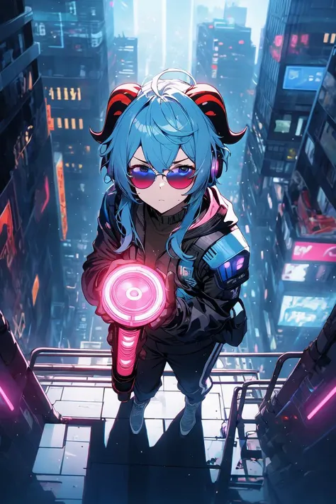 1girl, solo, city lights, (cyberpunk, cyberpunk style), from above,
<lora:ganyu_ned2_offset:0.7>, ganyu \(genshin impact\), blue hair, horns, long hair, bangs, headphones, breasts,
sunglasses, black_sunglasses, covering eyes, hoodie,
gun, weapon, holding gun, plasma sword,
cyborg, mechanical_bodysuit, bodysuit, science fiction,
mechanical arms, single mechanical wings, broken wing,
mechanical parts, mechanical_suit, mechanical, white breastplate, armor, shoulder pads,
looking at viewer, staring, <lyco:glaringV_Conv2D:0.5>, glaring, angry,
photorealistic, cyberpunk city, (night, night city, dark), cyberpunk lights, streets, (neon lights, pink_lights, neon lights in background:1.3),, weird atmosphere, (best quality:1.1), (masterpiece:1.2), high quality shadow, beautiful detailed, (high detailed skin, skin details), (wide_landscape, 8k), beautiful face, detailed eyes, depth of field, dramatic light, best quality, highres, best shadow, best illumination,