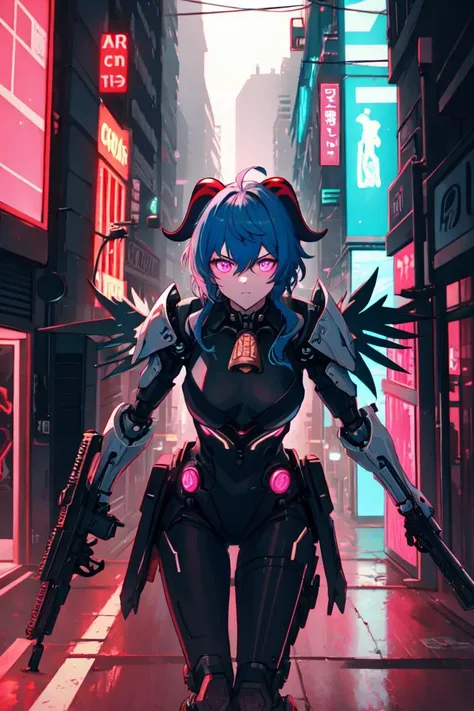 1girl, solo, city lights, (cyberpunk, cyberpunk style), from from above,
<lora:ganyu_ned2_offset:0.7>, ganyu \(genshin impact\), blue hair, horns, long hair, bangs, headphones, breasts,
sunglasses, black_sunglasses, covering eyes,
gun, weapon, holding gun, plasma sword,
cyborg, mechanical_bodysuit, bodysuit, science fiction,
mechanical arms, half mechanical wings, broken wing,
mechanical parts, mechanical_suit, mechanical, white breastplate, armor, shoulder pads,
looking at viewer, staring, <lyco:glaringV_Conv2D:0.5>, glaring, angry,
photorealistic, cyberpunk city, (night, night city, dark), cyberpunk lights, streets, (neon lights, pink_lights, neon lights in background:1.3),, weird atmosphere, (best quality:1.1), (masterpiece:1.2), high quality shadow, beautiful detailed, (high detailed skin, skin details), (wide_landscape, 8k), beautiful face, detailed eyes, depth of field, dramatic light, best quality, highres, best shadow, best illumination,