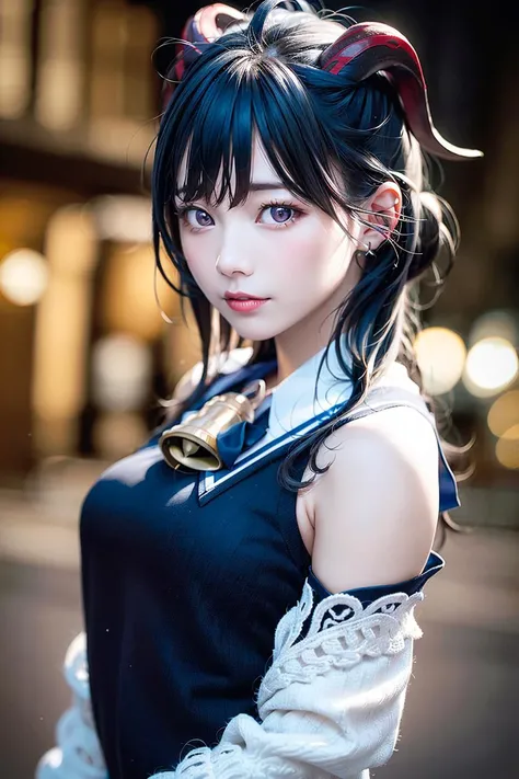 masterpiece, (photorealistic:1.5), best quality, beautiful lighting, real life, ganyu \(genshin impact\), 1girl, ahoge, architecture, bangs, schoolgirl uniform, bare shoulders, bell, black gloves, black pantyhose, (blue hair), blush, breasts, chinese knot, detached sleeves, east asian architecture, flower knot, gloves, horns, long hair, looking at viewer, small breasts, neck bell, night, outdoors, pantyhose, purple eyes, sidelocks, solo, tassel, white sleeves, intricate, high detail, sharp focus, dramatic, beautiful girl , (RAW photo, 8k uhd, film grain), caustics, subsurface scattering, reflections <lora:japaneseDollLikeness_v10:0.50> <lora:ganyuGenshinImpact_offset:1>