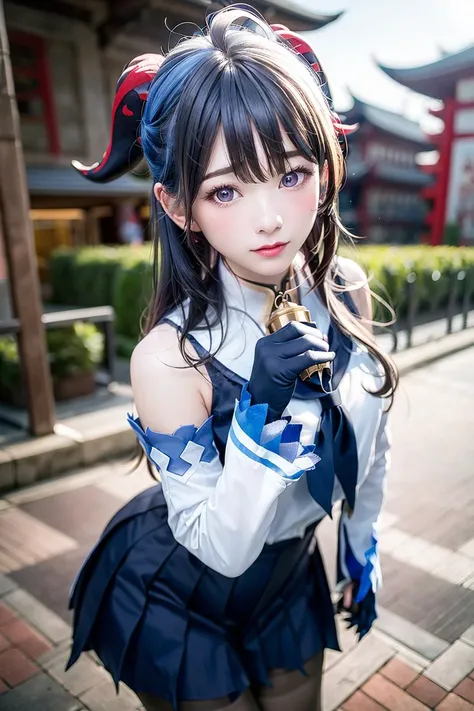 masterpiece, (photorealistic:1.5), best quality, beautiful lighting, real life, ganyu \(genshin impact\), 1girl, ahoge, architecture, bangs, schoolgirl uniform, bare shoulders, bell, black gloves, black pantyhose, (blue hair), blush, breasts, chinese knot, detached sleeves, east asian architecture, flower knot, gloves, horns, long hair, looking at viewer, small breasts, neck bell, night, outdoors, pantyhose, purple eyes, sidelocks, solo, tassel, white sleeves, intricate, high detail, sharp focus, dramatic, beautiful girl , (RAW photo, 8k uhd, film grain), caustics, subsurface scattering, reflections <lora:japaneseDollLikeness_v10:0.50> <lora:ganyuGenshinImpact_offset:1>