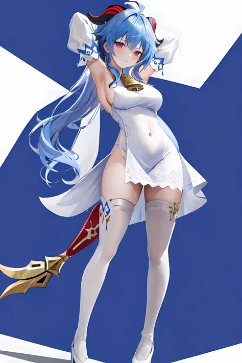 1girl, ahoge, armpits, bare shoulders, bell, blue hair, breasts, covered navel, detached sleeves, (white dress:1.8), ganyu \(genshin impact\), goat horns, highleg, horns, long hair, looking at viewer, medium breasts, pelvic curtain, purple eyes, sideboob, simple background, solo, thighhighs, thighs, white background, (white legwear:1.6), <lora:ganyu_ned2_offset:0.1>, ((masterpiece)), (best quality), standing, full body, white shoes, from aside, simple background, blue background,
