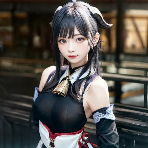 masterpiece,  (photorealistic:1.5), best quality, beautiful lighting, real life, ganyu \(genshin impact\), 1girl, ahoge, architecture, bangs, bare shoulders, bell, black gloves, black pantyhose, (blue hair), blush, breasts, chinese knot, detached sleeves, east asian architecture, flower knot, gloves, horns, long hair, looking at viewer, medium breasts, neck bell, night, outdoors, pantyhose, purple eyes, sidelocks, solo, tassel, white sleeves, (ulzzang-6500:0.5) , intricate, high detail, sharp focus, dramatic, beautiful girl , (RAW photo, 8k uhd, film grain), caustics, subsurface scattering, reflections,<lora:japaneseDollLikeness_v10:1>, <lora:ganyuGenshinImpact_offset:1>