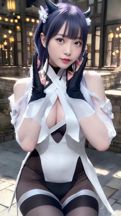 masterpiece, (photorealistic:1.5), best quality, beautiful lighting, real life, ganyu \(genshin impact\), 1girl, ahoge, architecture, bangs, bare shoulders, bell, black gloves, black pantyhose, (blue hair), blush, breasts, chinese knot, detached sleeves, east asian architecture, flower knot, gloves, horns, long hair, looking at viewer, medium breasts, neck bell, night, outdoors, pantyhose, purple eyes, sidelocks, solo, tassel, white sleeves , intricate, high detail, sharp focus, dramatic, beautiful girl , (RAW photo, 8k uhd, film grain), caustics, subsurface scattering, reflection,depth of field,warframe,small breasts, <lora:ganyuGenshinImpact_offset:0.8>,<lora:koreanDollLikeness_v15:0.3> <lora:japaneseDollLikeness_v15:0.3>,full body